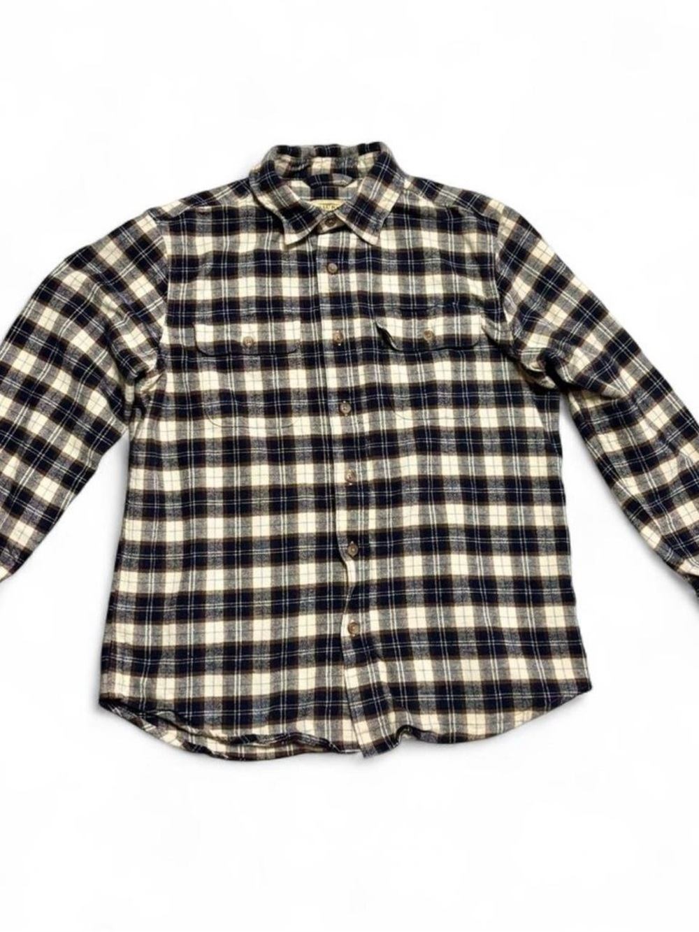 Telluride Clothing Company Plaid Button-Down Shirt | Medium | Cream Navy Brown